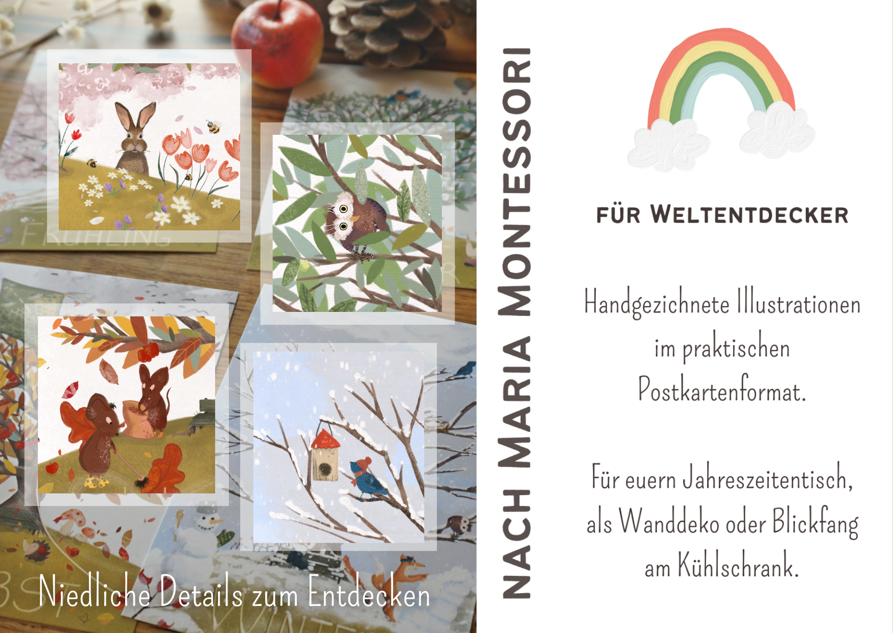Handgemachte Illustration. Hier sieht man einige Details genauer wie lustige Bienen an Blumen, Mäuse, die Laub harken oder eine niedliche Eule, die schief zwischen grünen Blättern hervorschaut.