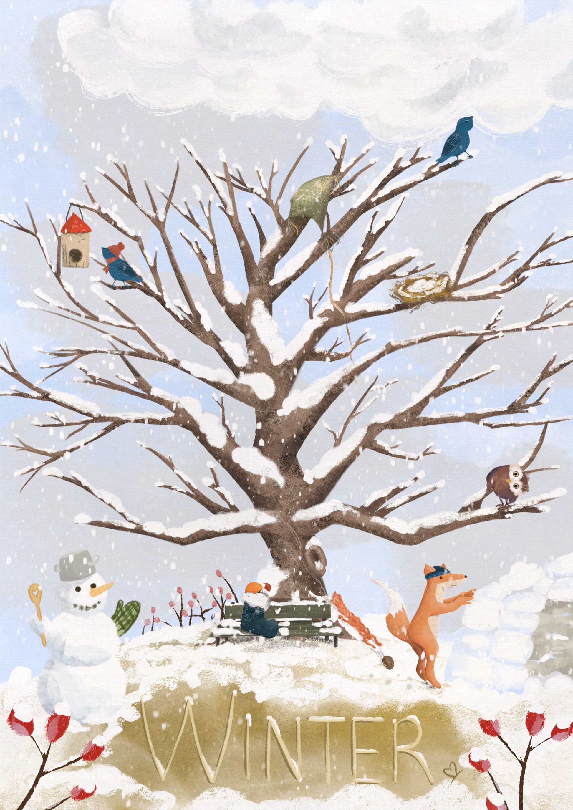 Das Bild "Winter" ist groß zu sehen mit Details wie einem Schneemann, ein Fuchs, der ein Iglu baut, einem alten Drachen, der im Baum hängt und einem zugeschneiten Vogelnest, der Vogel dazu sitz mit Schal vor einem Vogelhäuschen.
