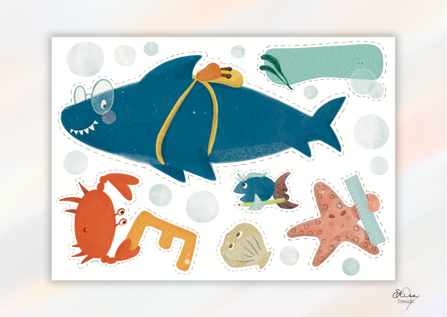 von Hand gezeichnete Illustrationen Pastell Kreide, aquarell, Tinte mit Motiven passend zur Schuleinführung, Einschulung, für die Zuckertüte, Schultüte oder als Caketopper, Deko für die Schuleinführungs Feier