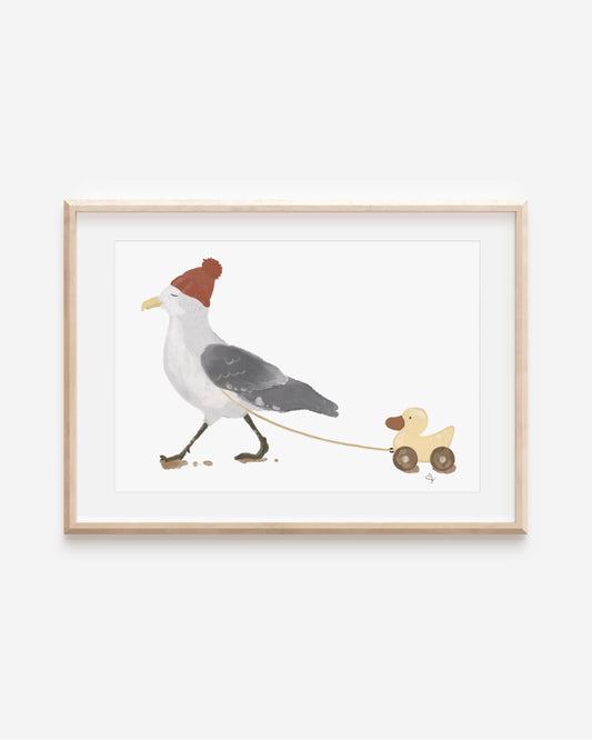 Handgezeichnetes Kinderposter mit Möwe und Ente – Illustration für Kinderzimmer oder als Geschenk zur Geburt oder Einschulung